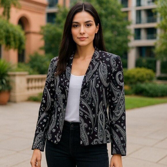 Chico’s Paisley Open Front Jacket Size 0 (4) Purple Black Gray Multicolor - Picture 1 of 12